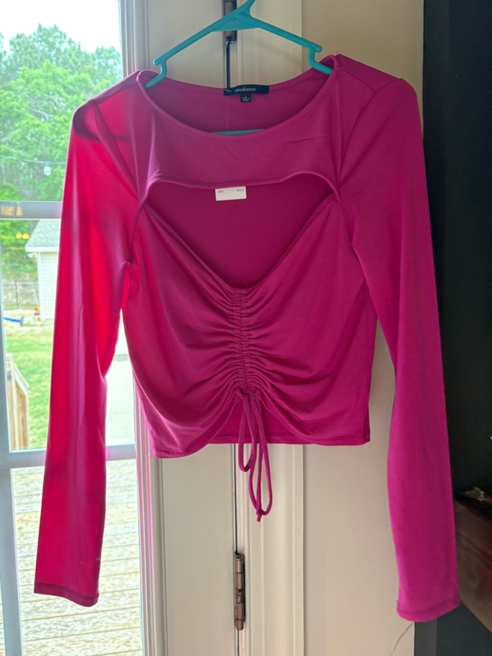 Ambiance Ruched Scoop-Neck Long Sleeve Top - Hot Pink